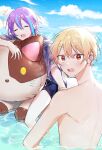  +++ 2boys aqua_hair blonde_hair blush closed_eyes clouds commentary double-parted_bangs gradient_hair hair_between_eyes hk_(wgyz7222) inflatable_toy kamishiro_rui looking_at_viewer looking_back male_focus multicolored_hair multiple_boys open_mouth orange_eyes orange_hair outdoors project_sekai purple_hair short_hair shorts teeth tenma_tsukasa topless_male two-tone_hair upper_teeth_only water 