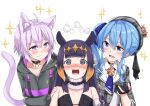  3girls @_@ ahoge animal_ear_fluff animal_ears asymmetrical_hair beret black_collar black_dress black_gloves black_hoodie blue_choker blue_eyes blue_hair blue_necktie blunt_bangs blush breasts cat_ears cat_girl cat_tail choker closed_mouth collar collared_shirt commentary crown detached_collar detached_sleeves dress extra_ears fang flat_chest fur-trimmed_collar gloves gradient_hair grey_headwear grey_jacket hair_between_eyes hand_on_another&#039;s_shoulder hat head_steam highres holding_hands hololive hololive_english hood hood_down hoodie hoshimachi_suisei hoshimachi_suisei_(1st_costume) jacket kosuke_(bb) light_blue_hair light_purple_hair long_hair long_sleeves looking_at_another medium_breasts mini_crown mole mole_under_eye multicolored_hair multiple_girls necktie nekomata_okayu nekomata_okayu_(1st_costume) ninomae_ina&#039;nis ninomae_ina&#039;nis_(1st_costume) open_mouth orange_hair plaid plaid_headwear plaid_jacket pointy_ears purple_hair shirt short_hair side_ponytail sidelocks simple_background single_sleeve skin_fang small_breasts smile sparkle star_(symbol) star_choker star_in_eye strapless strapless_dress symbol_in_eye tail tentacle_hair tilted_headwear tube_dress two-tone_hair upper_body violet_eyes virtual_youtuber white_background white_shirt wing_collar yuri 