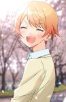  1boy :d blonde_hair blurry blurry_background blush cardigan closed_eyes commentary facing_viewer gradient_hair hk_(wgyz7222) kamiyama_high_school_uniform_(project_sekai) long_sleeves male_focus multicolored_hair open_mouth orange_hair outdoors petals project_sekai sailor_collar school_uniform short_hair smile solo teeth tenma_tsukasa tree upper_body upper_teeth_only yellow_cardigan 