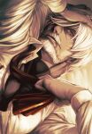  1boy absurdres anderson_(granblue_fantasy) beard chirochiro collared_shirt facial_hair granblue_fantasy hair_over_one_eye hand_on_own_head highres looking_at_viewer male_focus mature_male mustache necktie open_clothes open_shirt red_eyes shirt short_hair solo undone_necktie white_hair white_shirt 