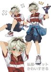  1boy arms_behind_head bandaid bandaid_on_face bandaid_on_nose bennett_(genshin_impact) bennett_(keep)_(genshin_impact) blue_shorts closed_eyes clothes_around_waist genshin_impact gloves goggles goggles_on_head green_eyes grey_hair hair_between_eyes highres kousuke_(ko_suke) male_focus open_mouth shirt shoelaces shoes short_hair short_sleeves shorts smile sneakers socks teeth upper_teeth_only white_background white_socks 