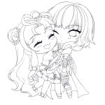  2girls absurdres ahoge ankle_bow bai_yuekui_(tower_of_fantasy) blush bow cheek-to-cheek chibi closed_eyes closed_mouth double_bun dress full_body hair_bun hair_intakes heads_together heart heart_ahoge highres hug jacket knee_pads kumu_zaisheng lineart ling_long:_incarnation long_hair long_sleeves monochrome multiple_girls one_eye_closed original parted_bangs shirt short_hair shorts single_thighhigh smile thigh-highs thigh_strap very_long_hair wide_sleeves 