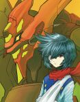  ayanami_rei bandage_over_one_eye bandaged_arm bandages black_hair crossover evangelion_(mecha) fusion getter-1 getter_robo glowing glowing_eyes hair_between_eyes highres mecha nagare_ryoma neon_genesis_evangelion oekaki red_armor red_eyes red_scarf robot scarf super_robot torn_scarf yamanushi yellow_eyes 