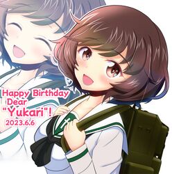  akiyama_yukari backpack bag blush brown_eyes brown_hair closed_eyes english_text girls_und_panzer green_bag highres kumaisao looking_at_viewer ooarai_school_uniform open_mouth school_uniform white_background 