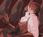  1boy apron brown_hair glasses gloves gregor_(limbus_company) limbus_company male_focus nn0_nn3 ponytail project_moon red_background shirt smoking solo white_shirt 