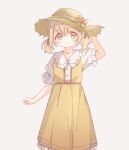  1girl adjusting_clothes adjusting_headwear azusawa_kohane blush_stickers brown_headwear brown_ribbon buttons casual dress feet_out_of_frame flower frilled_shirt_collar frilled_sleeves frills green_ribbon hair_between_eyes hair_ribbon hat hat_flower hat_ornament hat_ribbon highres jewelry light_brown_hair looking_at_viewer low_twintails multicolored_clothes multicolored_dress necklace no_nose parted_lips project_sekai ribbon short_hair short_sleeves simple_background solo straight-on sun_hat tareme tsuchiyoko_(hamu_prsk) twintails white_background white_dress white_ribbon yellow_dress 
