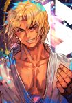  1boy blonde_hair brown_gloves collarbone fingerless_gloves gloves hankuri ken_masters male_focus muscular muscular_male official_alternate_costume parted_bangs pectoral_cleavage pectorals shirt smile solo street_fighter street_fighter_6 umehara_daigo upper_body v-shaped_eyebrows white_shirt 
