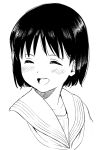  1girl ^_^ black_hair blush closed_eyes commentary looking_to_the_side monochrome open_mouth original sailor_collar shinkun_(natsume_so) short_hair simple_background smile solo upper_body white_background 