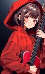  1girl blush bob_cut brown_hair closed_mouth commentary_request guitar hair_ornament hairclip highres holding holding_instrument hood hood_up hoodie instrument long_sleeves original red_eyes red_hoodie samori short_hair smile solo upper_body 