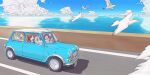  4girls artist_request asakura_toru bird black_hair blue_car blue_sky brown_hair clouds commentary_request day driving fukumaru_koito highres higuchi_madoka ichikawa_hinana idolmaster idolmaster_shiny_colors long_hair mini_cooper multiple_girls noctchill_(idolmaster) ocean outdoors road seagull sky 