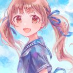  1girl 3kio2giri :d blue_ribbon blue_sailor_collar blue_serafuku blue_shirt blue_sky blunt_bangs blush brown_eyes brown_hair eyelashes faux_traditional_media from_side hair_ribbon hakozaki_serika highres idolmaster idolmaster_million_live! idolmaster_million_live!_theater_days long_hair looking_at_viewer looking_to_the_side ribbon sailor_collar school_uniform serafuku shirt short_sleeves sky smile solo tareme twintails upper_body 