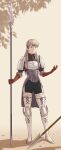  1girl armor boots braid breastplate earrings full_body gloves grey_eyes grey_hair highres jewelry long_hair looking_at_viewer polearm ravness_loxaerion shadow shoulder_armor single_earring solo spear tactics_ogre thigh-highs thigh_boots twin_braids weapon windcaller 