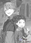  2boys absurdres character_request highres long_sleeves looking_at_viewer male_child male_focus monochrome multiple_boys natsuki_subaru official_art ootsuka_shin&#039;ichirou open_mouth re:zero_kara_hajimeru_isekai_seikatsu 