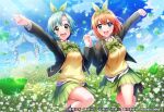  2girls :d absurdres arm_up black_jacket blue_eyes blue_hair blue_sky bow bow_hairband bowtie brown_hair cardigan cosplay crossover d4dj field flower flower_field go-toubun_no_hanayome green_bow green_bowtie green_eyes green_hairband green_skirt hair_bow hairband hanamaki_towa highres holding_hands interlocked_fingers jacket long_sleeves looking_at_viewer miniskirt multiple_girls nakano_yotsuba nakano_yotsuba_(cosplay) open_clothes open_jacket open_mouth plaid plaid_bow plaid_bowtie pleated_skirt school_uniform short_hair skirt sky smile standing standing_on_one_leg white_flower yellow_cardigan 