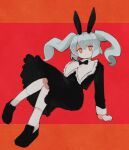  1girl @_@ alternate_eye_color alternate_hair_color alternate_hair_length alternate_hairstyle animal_ears black_dress black_footwear bow dress fake_animal_ears frills grey_hair hair_between_eyes hatsune_miku loafers long_hair long_sleeves looking_at_viewer loveit_(vocaloid) no_nose rabbit_ears red_eyes ribbon same_(sa_666) shoes simple_background socks solo twintails two-tone_background vocaloid white_socks 