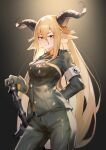  1girl absurdres animal_ears arknights armband blonde_hair blush breasts character_request closed_mouth collared_shirt commentary_request degenbrecher_(arknights) gloves grey_gloves grey_jacket grey_pants hair_between_eyes highres horns jacket kirigirisu1221 long_hair looking_at_viewer medium_breasts orange_shirt pants shirt solo standing v-shaped_eyebrows very_long_hair yellow_eyes 