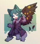  1girl animal_ears animal_hands aqua_hair black_feathers black_vest blue_eyes chinese_commentary coat colored_eyelashes commentary_request employee_(lobotomy_corporation) feathers fur-trimmed_coat fur_trim gloves grey_coat grey_footwear grey_pants highres lobotomy_corporation necktie no_nose open_mouth pants paw_gloves paw_shoes project_moon red_necktie single_wing smile solo tail tesna vest wings wolf_ears wolf_girl wolf_tail 