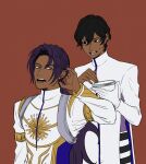  2boys arjuna_(fate) bhima_(fate) bhima_(second_ascension)_(fate) black_hair bowl brothers brown_background dark-skinned_male dark_skin fate/grand_order fate_(series) gr_msh hair_between_eyes highres holding holding_bowl long_hair long_sleeves looking_at_another male_focus multiple_boys muscular muscular_male ponytail purple_hair short_hair siblings simple_background upper_body violet_eyes 