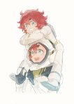  2girls absurdres ahoge carrying ericht_samaya green_eyes grin gundam gundam_suisei_no_majo highres multiple_girls open_mouth piggyback redhead short_hair siblings simple_background sisters smile spacesuit suletta_mercury thick_eyebrows white_background 