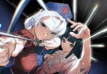  2girls arrow_(projectile) artist_logo black_hair blast-7 blue_dress blue_headwear bow_(weapon) brown_eyes closed_mouth dress grey_hair grey_shirt hat highres holding holding_bow_(weapon) holding_weapon houraisan_kaguya long_hair multiple_girls nurse_cap pink_shirt red_dress red_skirt shirt short_sleeves sidelocks skirt smile touhou weapon wide_sleeves yagokoro_eirin 