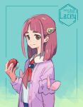  1girl brown_eyes buttons cardigan character_name closed_mouth coat collared_shirt eyelashes hair_ornament hairclip highres holding holding_poke_ball lacey_(pokemon) long_sleeves looking_at_viewer medium_hair open_clothes open_coat ototoi_(eevees813) pink_hair poke_ball poke_ball_(basic) pokemon pokemon_(game) pokemon_sv purple_cardigan shirt smile solo thick_eyebrows white_shirt 