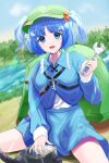  1girl :d backpack bag blue_eyes blue_hair blue_skirt blue_vest blunt_bangs breasts clouds commentary_request day hair_bobbles hair_ornament hand_up highres holding holding_wrench kawashiro_nitori light_blush long_sleeves looking_at_viewer nyarocks open_mouth outdoors parted_bangs short_hair skirt skirt_set small_breasts smile solo teeth touhou two_side_up upper_teeth_only vest water wrench 