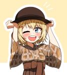  1girl blonde_hair blue_eyes brown_headwear ddolbang hair_ornament hairclip hat highres holding holding_clothes holding_hat hololive hololive_english japanese_clothes kimono obi one_eye_closed open_mouth plaid sash simple_background smile solo virtual_youtuber watson_amelia watson_amelia_(4th_costume) 