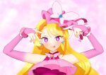  1girl absurdres blonde_hair brooch butterfly_earrings butterfly_hat cure_butterfly earrings highres hijiri_ageha hirogaru_sky!_precure hoshino_ai&#039;s_pose jewelry long_hair looking_at_viewer magical_girl midriff on_kazu oshi_no_ko pink_background pink_headwear pose_imitation precure smile solo star-shaped_pupils star_(symbol) symbol-shaped_pupils upper_body very_long_hair violet_eyes wing_brooch wing_hair_ornament 