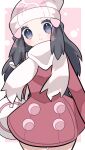  1girl absurdres beanie black_hair dress grey_eyes hair_ornament hairclip hat highres hikari_(pokemon) kurumiya_(krmy_p) long_hair poke_ball_print pokemon pokemon_(game) pokemon_dppt red_dress scarf smile solo white_bag white_headwear white_scarf 