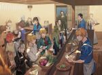  6+boys :o alcohol apron arune_(isekai_izakaya) ascot blonde_hair blue_eyes bottle brown_hair chair character_request chopsticks cooking daikon eating eva_(isekai_izakaya) eye_contact food gernot grey_hair hans_(isekai_izakaya) henrietta_(isekai_izakaya) hermina_(isekai_izakaya) highres indoors isekai_izakaya_&quot;nobu&quot; kururi long_hair looking_at_another monocle multiple_boys noodles official_art pitcher_(container) radish ramen red_ascot reinhold_(isekai_izakaya) sake samue senke_shinobu shirt sitting sliding_doors sweater table tray waitress white_shirt wicker_basket wine_bottle wooden_floor yazawa_nobuyuki 