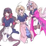  3girls :d akamatsu_kaede antenna_hair backpack bag black_choker black_footwear black_shirt blonde_hair blush boots bracelet breasts brown_skirt choker coat danganronpa_(series) danganronpa_v3:_killing_harmony fishnet_pantyhose fishnets harukawa_maki highres holding_hands hood hood_down hoodie iruma_miu jewelry large_breasts long_hair low_twintails midriff mole mole_under_eye multicolored_hair multiple_girls navel off_shoulder pantyhose pink_coat pink_eyes red_eyes red_hoodie red_scrunchie satori_(aosky9077) scrunchie see-through see-through_skirt shirt shirt_tucked_in simple_background skirt smile stomach sunglasses teeth twintails two-tone_hair upper_teeth_only wavy_mouth white_background white_bag 