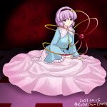  black_hairband blue_shirt closed_mouth commentary dated full_body hairband heart heart_of_string highres komeiji_satori ldschem16 long_sleeves looking_at_viewer one-hour_drawing_challenge pink_skirt purple_hair shirt short_hair skirt third_eye touhou twitter_username violet_eyes 