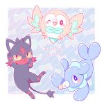 animal_ears artist_name border bow bright_pupils cat_ears cheshire-kun closed_mouth colored_sclera commentary english_commentary full_body litten no_humans open_mouth pokemon pokemon_(creature) popplio rowlet star_(symbol) starter_pokemon_trio white_border white_pupils window yellow_sclera 