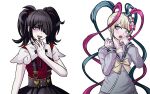  2girls ame-chan_(needy_girl_overdose) bini_(xocolatl_501) black_hair black_nails black_ribbon blonde_hair blue_bow blue_hair blue_sailor_collar blush bow bowtie chouzetsusaikawa_tenshi-chan danganronpa_(series) danganronpa_2:_goodbye_despair derivative_work dual_persona grey_eyes hair_bow hair_ornament hair_over_one_eye highres komatsuzaki_rui_(style) long_hair long_sleeves looking_at_viewer multicolored_nails multiple_girls multiple_hair_bows neck_ribbon needy_girl_overdose open_mouth pink_bow pink_hair purple_bow quad_tails red_nails ribbon sailor_collar school_uniform serafuku shaded_face short_sleeves simple_background skirt smile suspender_skirt suspenders twintails violet_eyes white_background x_hair_ornament yellow_bow 