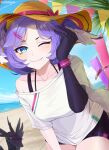  1girl absurdres beach black_shorts blue_eyes blush commentary fang hair_ornament hairclip hat head_wings highres lendivere medium_hair nijisanji nijisanji_en off-shoulder_shirt off_shoulder official_alternate_hairstyle one_eye_closed purple_hair selen_tatsuki shirt shorts smile solo sun_hat symbol-only_commentary virtual_youtuber white_shirt wings 