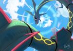  absurdres black_sclera claws closed_mouth clouds colored_sclera commentary_request day dragon eastern_dragon highres kaichi_(tomiyu25) no_humans outdoors pokemon pokemon_(creature) rayquaza signature sky solo yellow_eyes 