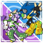  1boy 1girl animal_ears beat_(jsr) blaze_the_cat blue_fur cat_ears cat_girl cosplay gloves goggles green_headwear green_sleeves gum_(jsr) headphones highres jet_set_radio keat purple_fur roller_skates round_eyewear skates smirk sonic_(series) sonic_rush sonic_the_hedgehog yellow_eyes 