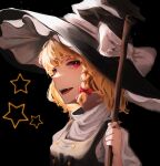  1girl black_background black_headwear blonde_hair bow broom commentary fangs hat hat_bow highres kirisame_marisa long_hair looking_at_viewer open_mouth red_eyes simple_background solo star_(symbol) touhou upper_body white_bow witch_hat yuhel 