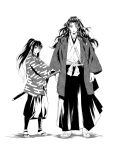  2boys aged_up alternate_universe arms_at_sides crossed_arms demon_slayer_uniform earrings egasumi expressionless facial_mark floating_hair full_body greyscale hakama hanafuda_earrings hands_in_opposite_sleeves haori height_difference high_ponytail highres japanese_clothes jewelry katana kimetsu_no_yaiba kimono long_hair long_sleeves looking_at_viewer looking_to_the_side male_focus monochrome multicolored_hair multiple_boys pants_tucked_in ponytail shin_guards sidelocks simple_background smile standing streaked_hair sword tabi tagimane01 tokitou_yuichirou very_long_hair weapon wide_sleeves zouri 