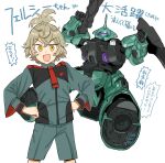  1girl :d asticassia_school_uniform brown_eyes dilanza felsi_rollo gun gundam gundam_suisei_no_majo hair_between_eyes hands_on_own_hips kusada light_brown_hair mecha mobile_suit necktie open_mouth red_necktie robot school_uniform science_fiction simple_background smile solo topknot translation_request weapon white_background 