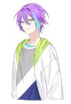  1boy aqua_hair arms_at_sides closed_mouth commentary hair_between_eyes hk_(wgyz7222) jacket kamishiro_rui looking_at_viewer male_focus multicolored_hair open_clothes open_jacket project_sekai purple_hair short_hair simple_background solo streaked_hair two-tone_hair upper_body white_background yellow_eyes 