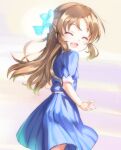  1girl blue_bow blue_dress bow brown_hair closed_eyes commentary cowboy_shot dress facing_viewer female_child hair_bow idolmaster idolmaster_cinderella_girls idolmaster_cinderella_girls_u149 kawaseki light_blush long_hair open_mouth short_sleeves sidelocks smile solo stairs stone_stairs tachibana_arisu 