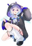  1girl :d amane_kanata amane_kanata_(6th_costume) angel angel_wings blue_hair casual choker colored_inner_hair eme_(emeralda) grey_hair hair_ornament hairclip highres hololive hood hood_up hoodie jacket looking_at_viewer multicolored_hair open_mouth print_shirt shirt short_hair_with_long_locks simple_background smile solo squatting t-shirt thigh_strap virtual_youtuber white_background wings x_hair_ornament 