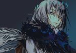  1boy absurdres arthropod_boy artist_name blue_eyes cape crown diamond_hairband dragonfly_wings fate/grand_order fate_(series) fur-trimmed_cape fur_trim gradient_background grey_hair highres insect_wings leletosu looking_at_viewer male_focus medium_hair oberon_(fate) oberon_(third_ascension)_(fate) solo upper_body wings 