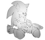  1boy animal_ears animal_nose can chili_dog controller crying crying_with_eyes_open food furry furry_male gloves hands_up hedgehog hedgehog_ears holding icen-hk joystick looking_to_the_side male_focus shoes simple_background sitting sneakers socks soda_can solo sonic_(series) sonic_the_hedgehog tears teeth white_background 