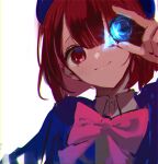  1girl arima_kana beret blue_gemstone blue_headwear blue_jacket bob_cut bow bowtie closed_mouth commentary_request gem hair_between_eyes hat head_tilt highres inverted_bob jacket kuroha_dayo looking_at_viewer medium_hair oshi_no_ko pink_bow pink_bowtie red_eyes redhead school_uniform shirt simple_background smile solo upper_body white_background white_shirt youtou_high_school_uniform 