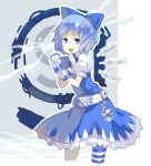  1girl 77gl alternate_costume belt blue_eyes blue_hair bow cirno electricity gloves hat highres ice pyonta socks solo striped thighhighs touhou wings ⑨ 