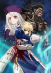  albino armor berserker blonde_hair blood epic fate/stay_night fate_(series) green_eyes highres illyasviel_von_einzbern injury invisible_air red_eyes saber sword type_moon weapon white_hair 