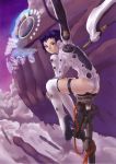  absurdres ass blue_eyes bodysuit boots cable chin_rest clouds hakua_ugetsu high_heels looking_back plugsuit purple_hair scan scifi short_hair sitting solo spaceship thigh-highs thigh_strap wings 