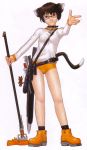  animal_ears bare_legs boots brown_hair choker collar flat_chest glasses hakua_ugetsu highres glasses mop nekomimi outstretched_hand panties red_eyes scan short_hair solo sword tail tools underwear utility_belt weapon 